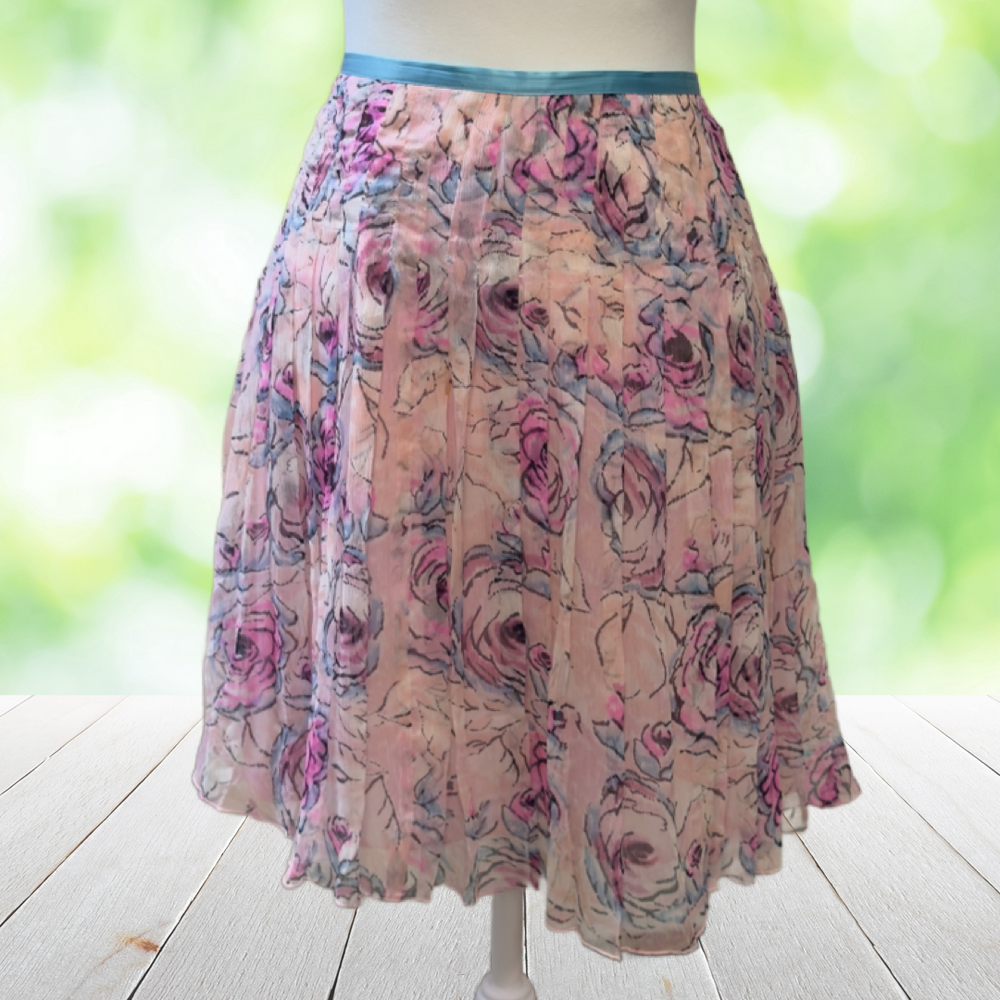 Vintage Y2K WD NY Silk Skirt Pink Floral Pleated Coquette Romantic 90s Womens 8